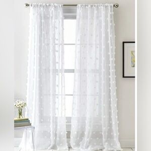 Sheer white  curtain panels (2) with pom poms 54x84